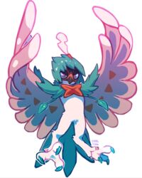  2016 3_toes ambiguous_gender anthro avian beak brown_body brown_feathers brown_markings claws decidueye feathers feet generation_7_pokemon green_body green_claws green_feathers ground-lion markings nintendo pokemon pokemon_(species) purple_eyes solo toe_claws toes unavailable_at_source 