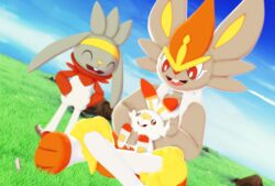  3d_(artwork) ambiguous_gender anthro brown_body brown_fur cinderace closed_eyes detailed_background digital_media_(artwork) fur generation_8_pokemon group happy hi_res lagomorph malicekira mammal mikumikudance_(artwork) nintendo open_mouth pokemon pokemon_(species) raboot scorbunny shiny_pokemon size_difference smile trio white_body white_fur 