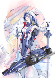  1boy armpits black_hair breasts car dual_wielding elbow_gloves female formula_one formula_racer gloves grey_gloves grey_pants helmet hi_fumiyo highres holding holding_sword holding_weapon jumpsuit leotard medium_breasts motor_vehicle pants personification race_vehicle racecar racing_suit real_life red_eyes red_jumpsuit shadow solo_focus spoiler_(automobile) sword tsunoda_yuuki_(racecar_driver) vehicle_and_personification weapon white_leotard 