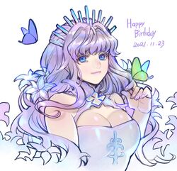  blue_butterfly blue_eyes breasts bug butterfly cleavage commentary_request dated eyebrows_hidden_by_hair female flower green_butterfly hair_flower hair_ornament happy_birthday head_tilt kimidori_(kimidoriri) long_hair looking_at_viewer macross macross_frontier medium_breasts purple_butterfly purple_hair purple_nails sheryl_nome smile solo white_background 