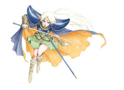  aritani_mahoro blonde_hair blue_cape boots cape deedlit dress elf female full_body green_dress green_eyes holding holding_sword holding_weapon long_hair marker_(medium) pointy_ears record_of_lodoss_war simple_background solo sword traditional_media weapon white_background 