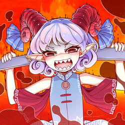  :d bare_arms bare_shoulders blue_bow blue_dress bow curled_horns curly_hair dress earrings female hands_up horizontal_pupils horn_bow horn_ornament horns jewelry looking_at_viewer meandros medium_hair no_nose open_mouth pointy_ears purple_hair red_background red_eyes sharp_teeth sleeveless sleeveless_dress smile solo teeth touhou toutetsu_yuuma upper_body uvula weapon_behind_back yassy 