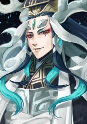  1boy black_hair chinese_clothes eyeshadow fate/grand_order fate_(series) green_hair green_pupils guan_hat hat horns long_hair looking_at_viewer makeup male_focus mian_guan multicolored_hair parted_lips red_eyes red_eyeshadow rkp shi_huang_di_(fate) shi_huang_di_(third_ascension)_(fate) sidelocks signature solo upper_body wavy_hair white_hair 