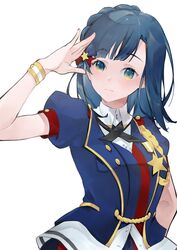  blue_bow blue_hair blue_jacket bow closed_mouth female hairbow hand_up highres idol idolmaster idolmaster_million_live! jacket looking_at_viewer medium_hair nanao_yuriko neko_(ganecooo) puffy_short_sleeves puffy_sleeves royal_starlet_(idolmaster) shirt short_sleeves simple_background smile solo white_background white_shirt wristband yellow_eyes 