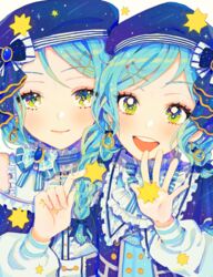  2girls 43_pon :d aqua_eyes aqua_hair bad_id bad_pixiv_id bang_dream! beret blue_bow blue_headwear bow braid brooch closed_mouth commentary constellation constellation_hair_ornament earrings frilled_shirt_collar frills gemini_(constellation) hairbow hat highres hikawa_hina hikawa_sayo idol jewelry long_sleeves looking_at_viewer multiple_girls open_mouth puffy_long_sleeves puffy_sleeves siblings side_braid single_braid sisters smile star_(symbol) star_print swept_bangs twins upper_body 