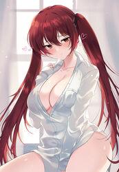  alternate_breast_size arm_between_legs awayuki_ramika bare_legs blush breasts brown_hair cleavage closed_mouth commentary_request commission curtains dress_shirt female fire_emblem fire_emblem_fates hair_between_eyes hair_ribbon heart highres indoors large_breasts long_hair long_sleeves looking_at_viewer red_hair ribbon selena_(fire_emblem_fates) shirt skeb_commission smile solo twintails very_long_hair white_shirt window 