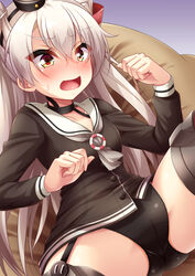  amatsukaze_(kancolle) black_panties blush brown_dress dress embarrassed female garter_straps gloves grey_hair grey_neckerchief hair_between_eyes hair_tubes hat highres kantai_collection kazami_ren_(fuushagoya) lifebuoy lifebuoy_ornament lying mini_hat neckerchief open_mouth panties red_legwear sailor_collar sailor_dress short_dress single_glove smokestack_hair_ornament solo spread_legs striped_clothes striped_thighhighs sweatdrop swim_ring thighhighs two_side_up underwear white_neckerchief white_sailor_collar 