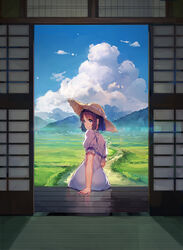  arm_support black_hair blue_eyes blue_sky bob_cut cloud cover_image cumulonimbus_cloud day dirt_road dress female field from_behind grass hat hiiragi_ache looking_back mountain nature novel_illustration official_art outdoors pink_dress puffy_short_sleeves puffy_sleeves road scenery short_hair short_sleeves shouji sitting sky sliding_doors smile solo straw_hat textless_version veranda white_dress yasumo_(kuusouorbital) 