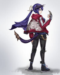  arknights arm_up black_pants blue_eyes blue_shirt chains commentary dragon_girl dragon_horns dragon_tail english_commentary fate/grand_order fate_(series) female harlequin-wheels horns jacket knee_pads looking_at_viewer martha_(fate) pants ponytail purple_hair red_jacket shirt simple_background spiked_tail tail tarasque_(fate) 