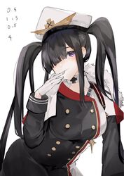  azur_lane black_coat black_hair buttons closed_mouth coat completion_time double-breasted female glove_pull gloves hair_over_one_eye hat highres long_hair looking_at_viewer military_hat neko_(ganecooo) one_eye_covered peaked_cap peter_strasser_(azur_lane) purple_eyes simple_background smile solo twintails white_background white_gloves white_hat 