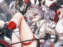  black_footwear black_shorts bronya_zaychik casual controller drill_hair female food food_in_mouth grey_hair holding holding_controller honkai_(series) honkai_impact_3rd jacket long_sleeves looking_at_viewer pocky project_bunny purple_eyes red_legwear shoe_soles shoes shorts sneakers solo thigh_strap twin_drills white_jacket zomzomzomsauce 