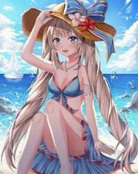  bare_legs bare_shoulders barefoot bikini blue_bikini blue_bow blue_eyes blue_sky blush boat bow breasts cleavage cloud collarbone commentary day fate/grand_order fate_(series) female foot_out_of_frame grey_hair hat highres jewelry long_hair looking_at_viewer marie_antoinette_(fate) marie_antoinette_(swimsuit_caster)_(fate) marie_antoinette_(swimsuit_caster)_(third_ascension)_(fate) medium_breasts open_mouth outdoors photoshop_(medium) sky smile solo ssum_(ehf_dustk) summer sun_hat swimsuit symbol-only_commentary twintails very_long_hair water watercraft 