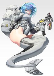  blue_eyes blue_hair breasts bubble commentary covered_nipples female gloves gradient_background grey_gloves gun hand_on_own_hip highres holding holding_gun holding_weapon ihobus mermaid mermaid_costume monster_girl open_mouth original short_hair solo symbol-only_commentary teeth upper_teeth_only weapon 