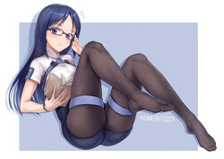  absurdres adjusting_eyewear alice_gear_aegis aomoro artist_name blue_hair blue_shorts blush book brown_pantyhose commentary dated dated_commentary feet female full_body glasses highres holding holding_book long_hair looking_at_viewer momoshina_fumika no_shoes notice_lines open_book pantyhose parted_bangs parted_lips purple_eyes shirt short_sleeves shorts simple_background solo thigh_strap toes white_shirt 