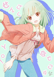  arms_at_sides bakemonogatari blue_legwear blunt_bangs bow breasts brown_eyes commentary dated female green_background green_hair head_tilt huumoon jacket jacket_on_shoulders leaning_forward medium_hair monogatari_(series) open_mouth pants pink_bow pink_jacket pink_ribbon pink_shirt ribbon sengoku_nadeko shirt signature small_breasts smile solo translated 