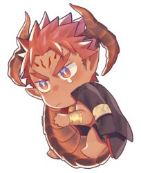  1boy animal_ears bara blue_eyes chibi chibi_only curled_horns dark-skinned_male dark_skin demon_boy demon_horns full_body gakuran highres horns ifrit_(housamo) jacket jacket_on_shoulders kihane_atsusane male_focus multicolored_eyes orange_eyes orange_hair pointy_ears school_uniform short_hair simple_background solo spiked_hair tail tail_grab tearing_up tokyo_afterschool_summoners 