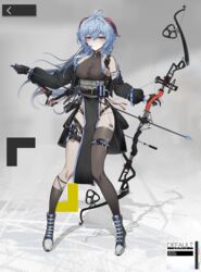  absurdres ahoge alternate_costume arknights arrow_(projectile) asymmetrical_legwear belt black_gloves black_legwear blue_hair bow_(weapon) braid breasts compound_bow detached_sleeves english_commentary female full_body ganyu_(genshin_impact) genshin_impact gloves groin hair_between_eyes highres holding holding_arrow holding_bow_(weapon) holding_weapon kelun large_breasts long_hair looking_at_viewer purple_eyes sidelocks single_braid smile solo standing thigh_strap weapon 