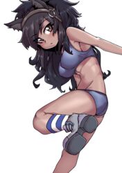  :/ absurdres animal_ear_fluff animal_ears arm_at_side ass bare_arms bare_legs bare_shoulders black_hair breasts bridle brown_eyes brown_hair brown_thoroughbred_(kemono_friends) buruma closed_mouth covered_nipples dark-skinned_female dark_skin eyes_visible_through_hair female flat_ass foot_up highres horse_ears horse_girl japan_racing_association kemono_friends leaning_forward long_hair looking_at_viewer medium_breasts midriff multicolored_hair no_tail outstretched_arm shoes simple_background socks solo sports_bikini sports_bra sportswear stomach striped_clothes striped_socks takoongyi two-tone_hair very_long_hair white_background 