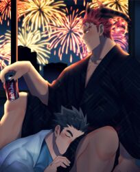  2boys alternate_costume bara bare_legs black_kimono blush can coca-cola couple curled_horns dark-skinned_male dark_skin demon_boy demon_horns fireworks highres horns ifrit_(housamo) interspecies japanese_clothes kihane_atsusane kimono lap_pillow male_focus multiple_boys muscular muscular_male orange_eyes orange_hair pointy_ears protagonist_3_(housamo) short_hair sleeping sleeping_on_person spiked_hair spread_legs tail tokyo_afterschool_summoners window yaoi 