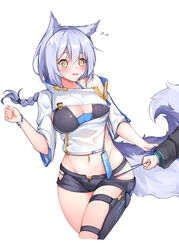  @_@ animal_ears arknights bare_shoulders blush breasts cleavage cowboy_shot crop_top cropped_jacket female flying_sweatdrops groin hair_between_eyes jacket large_tail long_hair medium_breasts midriff navel official_alternate_costume open_mouth phytoncide provence_(arknights) provence_(casual_vacation)_(arknights) purple_hair short_sleeves simple_background solo_focus standing stomach tail thighs white_background white_jacket wolf_ears wolf_tail yellow_eyes 