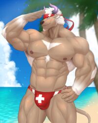  1boy abs absurdres animal_ears bara beach brown_fur bulge camouflage camouflage_headwear chest_hair cow_ears cow_horns cowboy_shot furry furry_male hand_on_own_hip hand_up headband highres horns keijimohumohu large_pectorals looking_to_the_side male_focus male_swimwear medic minotaur muscular muscular_male navel nipples outdoors pectorals purple_eyes purple_horns shennong_(housamo) short_hair smile solo stomach swim_briefs thick_thighs thighs tokyo_afterschool_summoners topless_male white_hair 