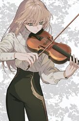  black_pants blonde_hair closed_mouth collared_shirt commentary female fingernails green_eyes hair_between_eyes highres holding holding_instrument holding_violin instrument itou_(very_ito) long_hair long_sleeves looking_down music original pants playing_instrument shirt simple_background smile solo standing violin white_background white_shirt 