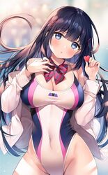  :o ayamy bare_shoulders black_hair blue_eyes breasts cleavage commentary competition_swimsuit covered_navel cowboy_shot female floating_hair groin hair_ornament hands_up head_tilt heart highleg highleg_swimsuit highres holding impossible_clothes impossible_swimsuit jacket large_breasts long_hair looking_at_viewer miyawaki_sana off_shoulder one-piece_swimsuit open_clothes open_jacket original solo swimsuit thighs white_jacket x_hair_ornament 