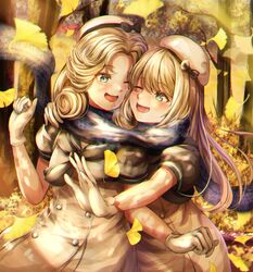  2girls aqua_eyes autumn autumn_leaves blonde_hair blue_sailor_collar blue_scarf dress falling_leaves ginkgo_leaf gloves hat highres janus_(kancolle) jervis_(kancolle) kantai_collection leaf multiple_girls one_eye_closed outdoors sabakuomoto sailor_collar sailor_dress sailor_hat scarf shared_clothes shared_scarf short_sleeves tree white_dress white_gloves white_headwear 