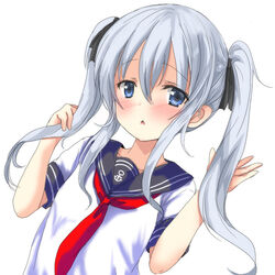  :&lt; alternate_hairstyle anchor_symbol black_ribbon black_sailor_collar blue_eyes blush commentary_request dutch_angle female grey_hair hair_between_eyes hair_ribbon hands_up hibiki_(kancolle) kantai_collection long_hair necktie oshiruko_(uminekotei) parted_lips red_necktie ribbon sailor_collar school_uniform serafuku shirt short_sleeves simple_background solo triangle_mouth twintails twintails_day white_background white_shirt 