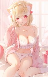  ahoge animal_ear_fluff animal_ears bare_shoulders blonde_hair bloomers breasts cat_ears cleavage collarbone crop_top female finger_to_cheek frills hair_bobbles hair_ornament hairclip hand_up highres indie_virtual_youtuber jacket kemomimi_refle! kinako_(shiratama_mochi) lingerie looking_at_viewer medium_breasts midriff navel nekoma_karin off_shoulder open_clothes open_jacket parted_lips pink_jacket red_eyes short_hair sitting sleeveless socks solo spaghetti_strap stomach thighs two_side_up underwear uneven_eyes virtual_youtuber white_bloomers 