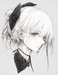  absurdres choker female grey_background greyscale hair_between_eyes hair_bun hair_ribbon highres hito_komoru looking_at_viewer monochrome original parted_lips portrait ribbon sideways_glance simple_background single_hair_bun solo 