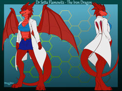  2023 3_toes anthro barefoot blue_bottomwear blue_clothing blue_eyes blue_skirt blue_topwear bottomwear breasts claws cleavage clothed clothing coat digitigrade dragon dreyk-daro english_text european_mythology exposure_variation feet female hi_res lab_coat looking_at_viewer looking_back looking_back_at_viewer medium_breasts membrane_(anatomy) membranous_wings model_sheet mythological_creature mythological_scalie mythology non-mammal_breasts open_mouth red_body red_scales scales scalie setta_flamowitz simple_background skirt solo standing tail text toe_claws toes topwear western_dragon white_lab_coat wings 