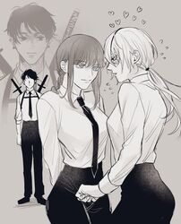  1boy 2girls aged_down arms_behind_back bad_id bad_twitter_id black_eyes black_hair black_necktie black_pants blush braid braided_ponytail breasts business_suit chainsaw_man chest_belt collared_shirt couple ear_piercing earrings eyepatch formal hair_between_eyes high-waist_pants highres jewelry kishibe_(chainsaw_man) kishibe_(young)_(chainsaw_man) light_smile long_hair looking_to_the_side makima_(chainsaw_man) medium_breasts monochrome multiple_girls necktie nervous open_mouth pants piercing ponytail quanxi_(chainsaw_man) ringed_eyes scar sexually_suggestive shirt shirt_tucked_in short_hair smile staring suit sword sword_on_back weapon weapon_on_back ymann123 yuri 