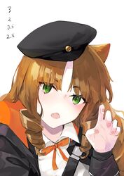  animal_ears arknights beret black_hat black_jacket brown_hair claw_pose completion_time drill_hair female fingernails green_eyes hand_up hat head_tilt highres jacket long_hair long_sleeves looking_at_viewer neck_ribbon neko_(ganecooo) oerba_yun_fang open_mouth orange_ribbon ribbon shirt simple_background skin_fang solo swire_(arknights) white_background white_shirt 