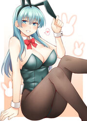  animal_ears aqua_eyes aqua_hair ass black_pantyhose blush breasts cleavage commentary detached_collar fake_animal_ears female gradient_background green_leotard hair_between_eyes hair_ornament hairclip heart kantai_collection large_breasts leotard long_hair open_mouth pantyhose playboy_bunny rabbit_ears revision rui_shi_(rayze_ray) smile solo spoken_heart suzuya_(kancolle) wrist_cuffs 