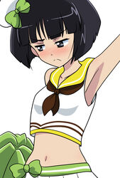  arm_up armpits bare_shoulders black_hair blue_eyes blush bow breasts cheerleader closed_mouth coco&#039;s collarbone embarrassed female girls_und_panzer hair_ornament hairbow highres looking_away midriff navel pom_pom_(cheerleading) shiny_skin short_hair simple_background small_breasts solo sono_midoriko upper_body wakku_kan white_background 