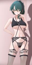  absurdres ass_visible_through_thighs bare_shoulders black_panties black_tank_top black_thighhighs blush breasts cleavage collarbone dead_or_alive dead_or_alive_xtreme female fishnet_thighhighs fishnets frilled_thighhighs frills garter_belt green_eyes green_hair grin hair_between_eyes hand_on_own_hip highres lace-trimmed_thighhighs lace_garter_belt large_breasts lingerie looking_at_viewer mole mole_under_eye multicolored_hair navel panties red_hair short_hair smile solo stomach streaked_hair tamaki_(doa) tank_top teeth thighhighs underboob underwear z.taiga 