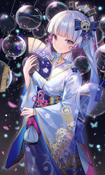  absurdres black_background blue_bow blue_eyes blue_hair blue_kimono blunt_bangs blurry bow breasts bug butterfly choker closed_mouth cowboy_shot depth_of_field embroidery fan_hair_ornament female floral_print folding_fan genshin_impact glint gold_trim grey_hair hair_ornament hair_ribbon hairbow hand_fan hand_up highres holding holding_fan japanese_clothes kamisato_ayaka kimono kinchaku light_particles long_hair long_sleeves looking_at_viewer motion_blur obi petals pink_nails pink_ribbon ponytail pouch rainbow ribbon sash shuming sidelocks smile snowflake_print solo sparkle standing star_(symbol) star_hair_ornament tassel tress_ribbon very_long_hair wide_sleeves wind_chime 