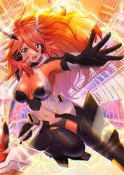  amou_kanade black_gloves bodysuit breasts breasts_apart crop_top female floating_hair gloves hair_between_eyes highres holding holding_weapon juan_0121 long_hair medium_breasts midriff navel open_mouth orange_eyes orange_hair senki_zesshou_symphogear skin_tight solo stomach very_long_hair weapon 