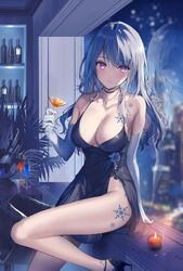  ass bare_shoulders black_choker black_dress breasts choker cleavage cocktail_dress cocktail_glass collarbone cup dress drinking_glass elbow_gloves female gloves grey_hair groin halter_dress halterneck hand_up highres holding holding_cup jewelry large_breasts long_hair looking_at_viewer necklace necomi no_bra no_panties original purple_eyes side_slit sleeveless sleeveless_dress smile solo spaghetti_strap thighs white_gloves wine_glass 