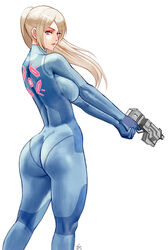  ass blonde_hair blue_bodysuit blue_eyes bodysuit breasts commentary dimples_of_venus english_commentary eyelashes feet_out_of_frame female gun handgun high_ponytail holding holding_gun holding_weapon kneepits large_breasts looking_back medium_hair metroid paralyzer photoshop_(medium) samus_aran serious sidelocks simple_background skin_tight weapon white_background zefrableu zero_suit 