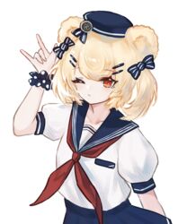  \m/ absurdres alternate_costume animal_ears arknights bear_ears blonde_hair blue_bow blue_headwear blue_sailor_collar blue_scrunchie blue_skirt bow expressionless female gummy_(arknights) hair_ornament hairbow hairclip hand_up hat highres neckerchief one_eye_closed orange_eyes polka_dot polka_dot_scrunchie puffy_short_sleeves puffy_sleeves red_neckwear riinougat sailor_collar sailor_hat school_uniform scrunchie serafuku shirt short_sleeves sidelocks simple_background skirt solo two_side_up white_background white_shirt wrist_scrunchie 