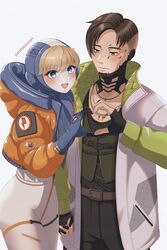  1boy absurdres animification apex_legends belt black_gloves black_pants blonde_hair blue_background blue_bodysuit blue_eyes blue_gloves blush bodysuit brown_belt brown_hair crypto_(apex_legends) female gloves green_vest heart heart_hands heart_hands_duo highres holding_hands hood hood_down hood_up hooded_jacket jacket lightning_bolt_symbol looking_ahead looking_at_another looking_down milmil7 orange_jacket pants parted_hair partially_fingerless_gloves ribbed_bodysuit smile straight twitter_username vest wattson_(apex_legends) white_bodysuit white_jacket 