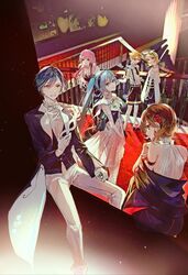  2boys 4girls absurdres bare_shoulders blonde_hair blue_eyes blue_hair bow brown_eyes brown_hair commentary detached_sleeves dress flower hair_ornament hairbow hatsune_miku highres holding holding_mask indoors kagamine_len kagamine_rin kaito_(vocaloid) karanagare long_hair long_sleeves mask megurine_luka meiko_(vocaloid) miku_symphony_(vocaloid) multiple_boys multiple_girls pink_hair rose short_hair smile stairs twintails vocaloid 