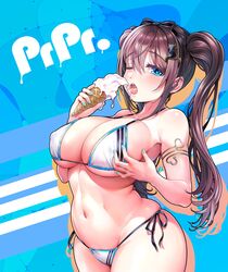  aqua_eyes arched_back armband bikini blush breasts brown_hair cat_hair_ornament cleavage collarbone commentary_request covered_nipples curvy eating female food hair_ornament hair_ribbon highres ice_cream ice_cream_cone long_hair looking_at_viewer medium_breasts navel one_eye_closed oomune_tayuyu open_mouth ribbon side-tie_bikini_bottom solo standing stomach swimsuit tama_project tongue tongue_out twintails underboob v-mag virtual_youtuber white_bikini 