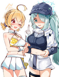  2girls ? absurdres ahoge aqua_eyes aqua_hair arm_across_waist belly_grab blonde_hair blue_archive blue_halo blush braid breasts cleavage collarbone commentary_request cowboy_shot crop_top gloves hair_between_eyes hair_ornament hair_over_one_eye hairclip halo hat hat_ornament highres hiyori_(blue_archive) kotori_(blue_archive) kotori_(cheer_squad)_(blue_archive) large_breasts long_hair long_sleeves looking_down midriff millennium_cheerleader_outfit_(blue_archive) miniskirt multiple_girls navel one_eye_closed open_hand open_mouth pleated_skirt pointing pointing_up red_eyes shi_(kamokamo910) short_twintails side_ponytail simple_background skirt star_(symbol) star_halo star_hat_ornament sweat tearing_up thigh_strap triangle_halo twintails weight_conscious white_background white_gloves white_skirt wing_collar yellow_halo 