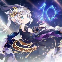  astrologian_(final_fantasy) constellation female final_fantasy final_fantasy_xiv grey_hair hair_ornament lalafell long_hair pointy_ears rue_(ruenis_chronowing) smile solo twintails warrior_of_light_(ff14) wrist_cuffs 