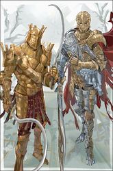  2boys absurdres armor bare_tree cape d_hunter_of_the_dead dark_souls_(series) dark_souls_i dual_wielding elden_ring from_software full_armor full_body gold_armor grey_background highres holding holding_sickle holding_weapon knight_lautrec_of_carim looking_at_viewer male_focus multiple_boys nslacka reflective_floor shotel simple_background standing sword tree weapon 