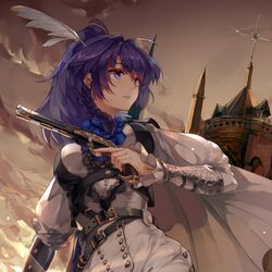  antique_firearm belt belt_buckle braid buckle building chinese_commentary cloud cloudy_sky commentary_request feather_hair_ornament feathers female firelock flintlock gauntlets grey_sky gun hair_ornament handgun holding holding_gun holding_weapon honkai_(series) honkai_impact_3rd jacket long_hair long_sleeves open_mouth outdoors ponytail purple_eyes purple_hair raiden_mei sky solo teeth trigger_discipline weapon white_jacket zomzomzomsauce 