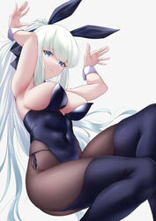  absurdres animal_ears black_bow black_leotard black_pantyhose blue_eyes bow breasts commentary covered_navel detached_collar fake_animal_ears fake_tail fate/grand_order fate_(series) female hairbow highleg highleg_leotard highres large_breasts leotard long_hair morgan_le_fay_(fate) okuma707 pantyhose platinum_blonde_hair playboy_bunny ponytail rabbit_ears rabbit_pose rabbit_tail side-tie_leotard solo strapless strapless_leotard tail very_long_hair wrist_cuffs 